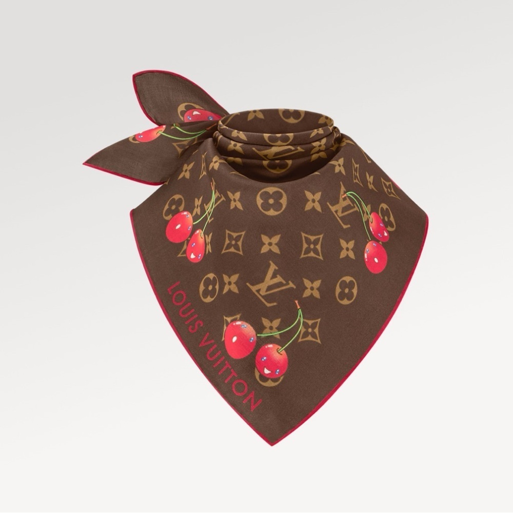 Louis Vuitton Brown and Red Cerisé Cherry Silk Scarf Size 55cm NEW 2025